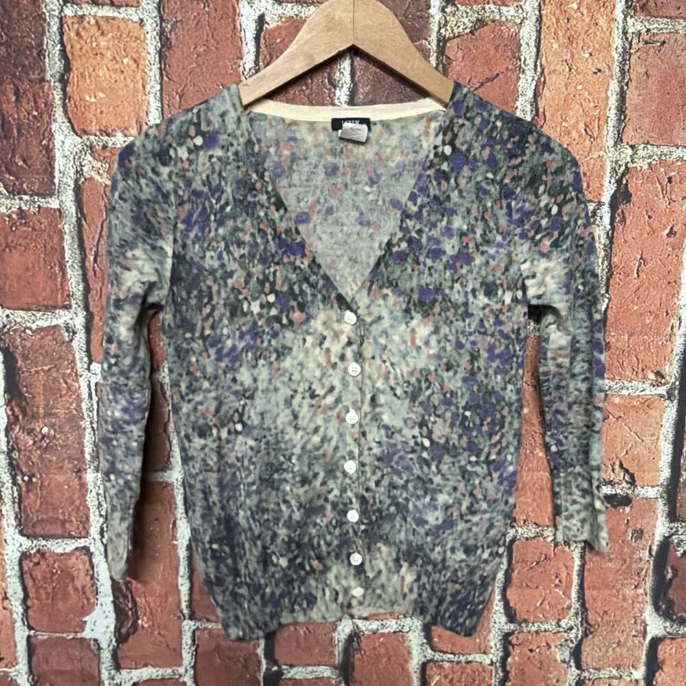 J Crew Womens Small Sweater Cardigan Floral 100% Merino Wool Button 3/4 Sleeve